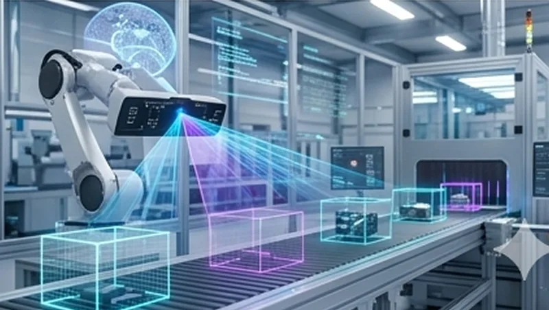 A robot cell held under a holographic check