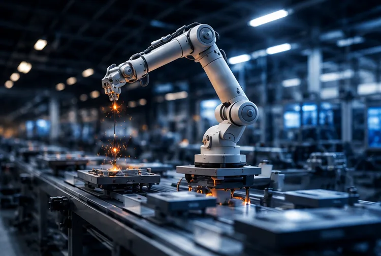 Engineers beside a robotic production line