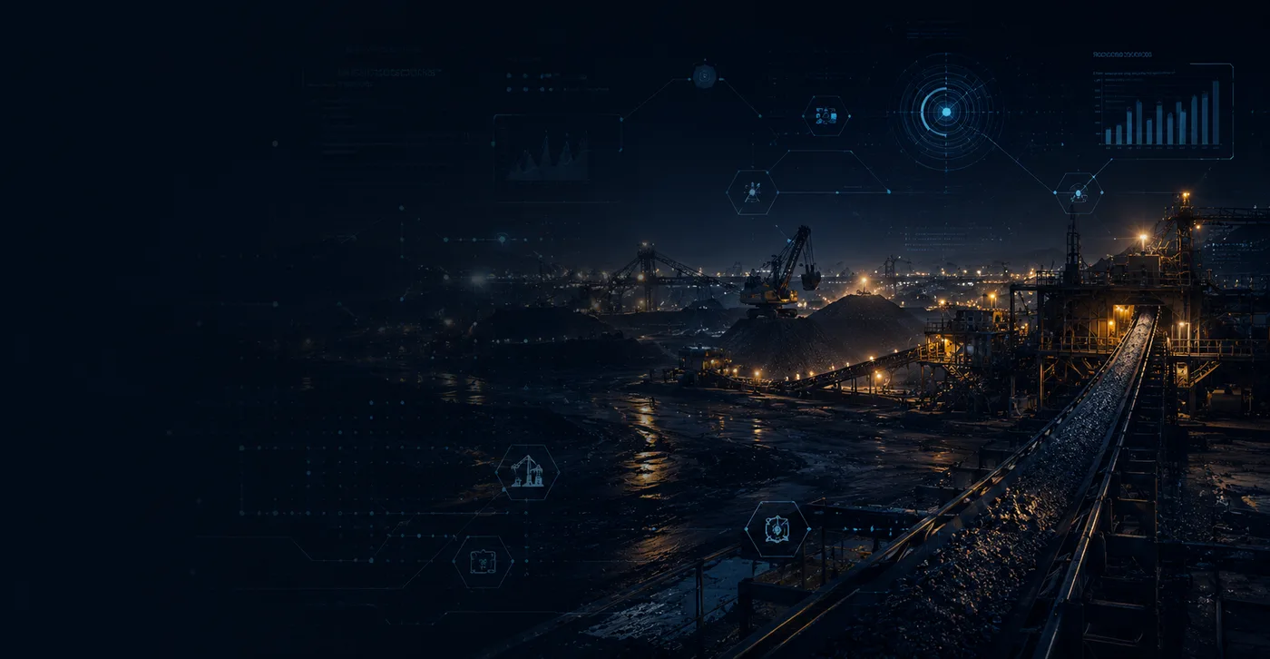 An industrial site at night, seen from above