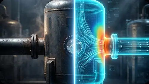 A pipe cutaway with its heat and flow physics overlaid
