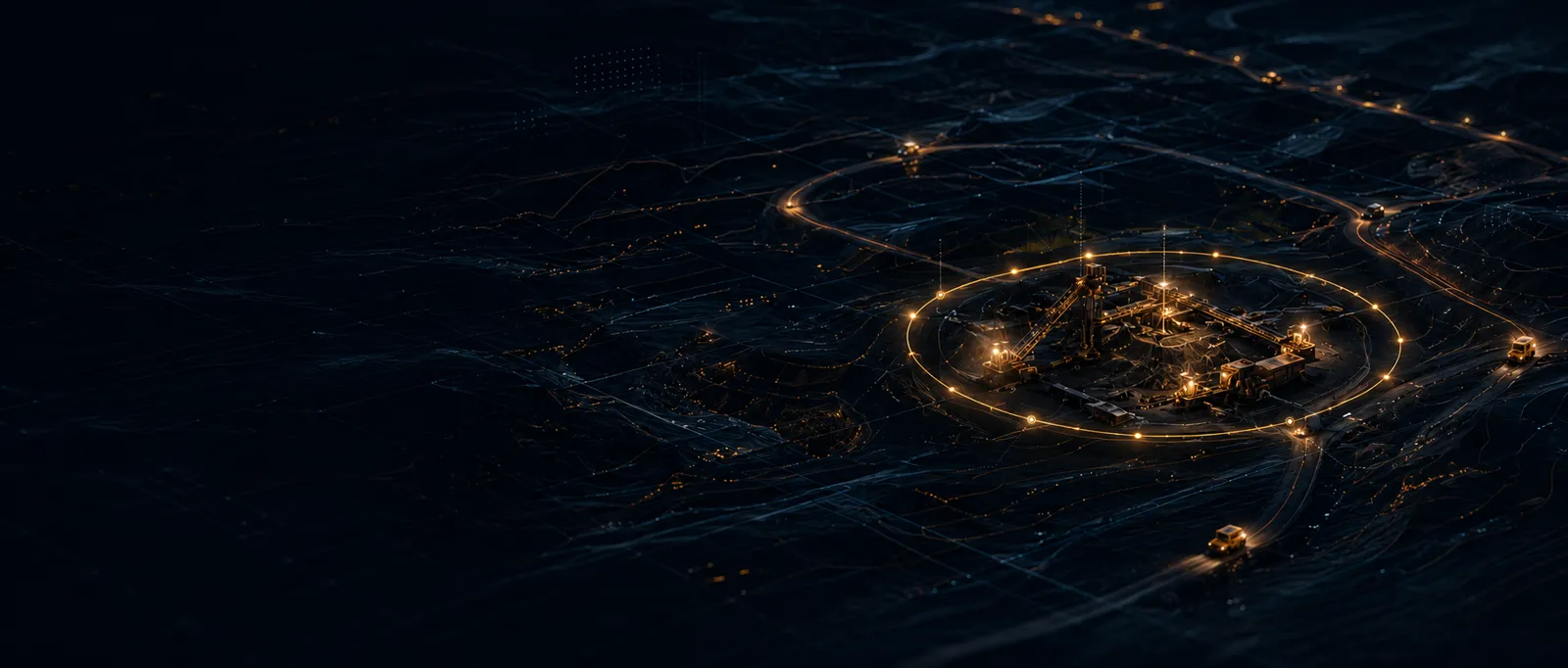 An industrial site at night, seen from above — the operations Ryekronix watches
